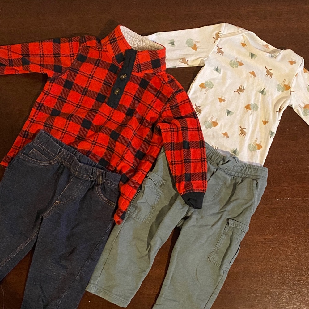 Set of TWO toddler boy fall/winter plaid forest outfits sz 18 mos